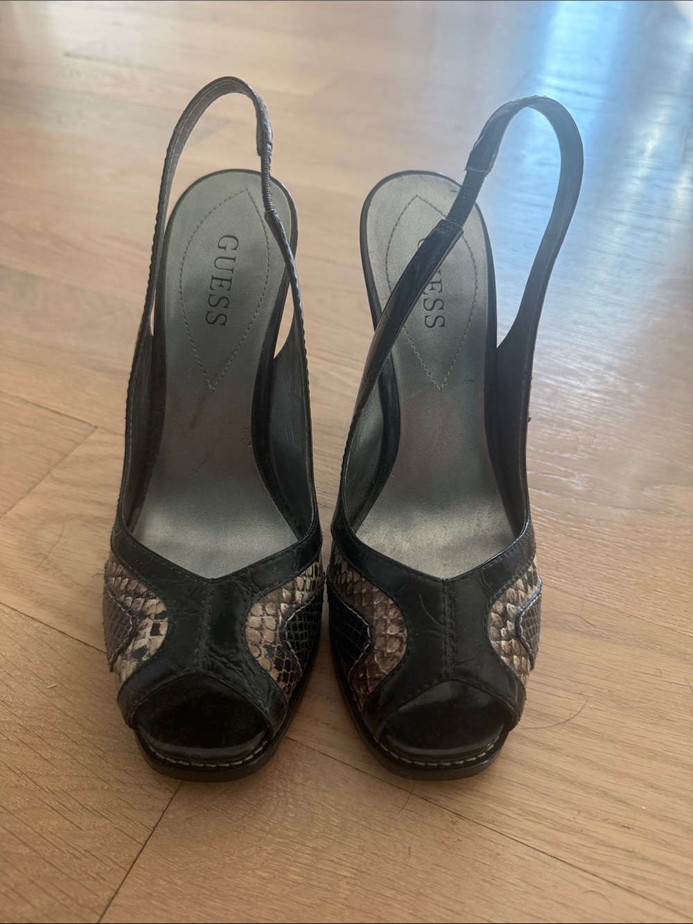 GUESS Black and Brown Snake-Print Slingback Peep-Toe Heels
